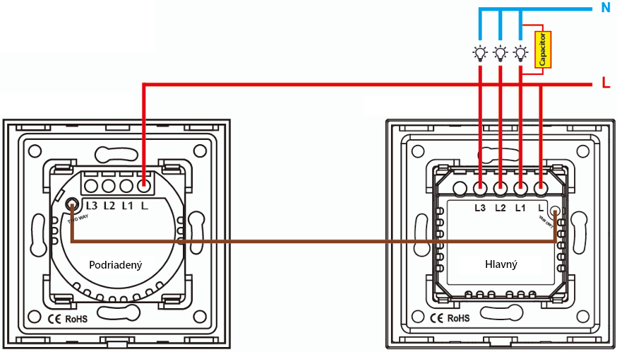 Schéma zapojení WiFi schodišťového vypínače č.6 – Revolo Schéma zapojení pro schodišťové vypínače WT-S102A.B / WT-S202A.B / WT-S302A.B